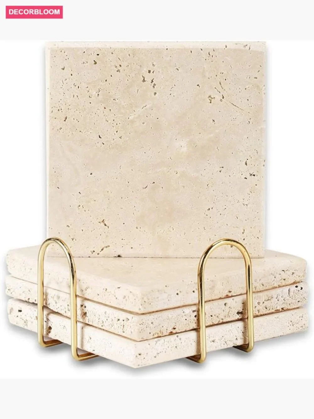 4 Natural Travertine Coasters Set with Gold Holder - Non Slip Cork Backing